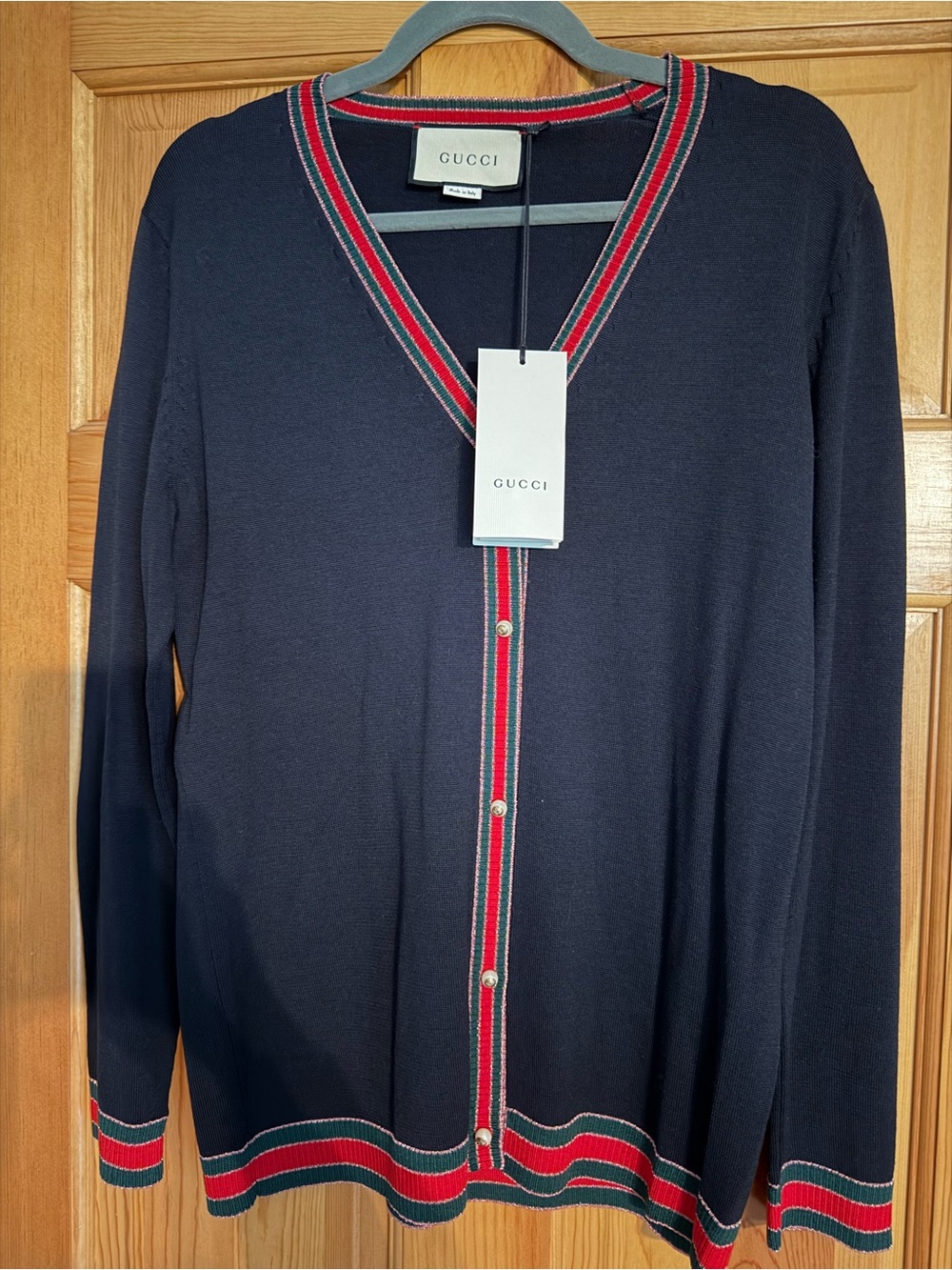 Gucci Navy Cardigan with Red and Green Stripe Trim